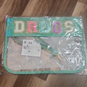Clear Chennille Letter Medicine Bag. Waterproof Zipper Pouch Wrist Strap NWT